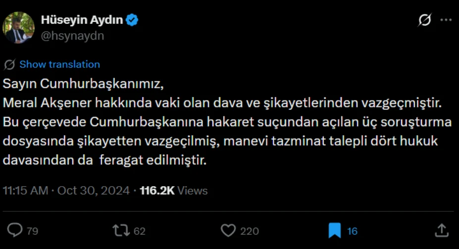 Cumhurbaşkanı avukatı Hüseyin Aydın'ın, Meral Akşener hakkındaki dava ve şikâyetlerden vazgeçildiğini duyuran paylaşımı